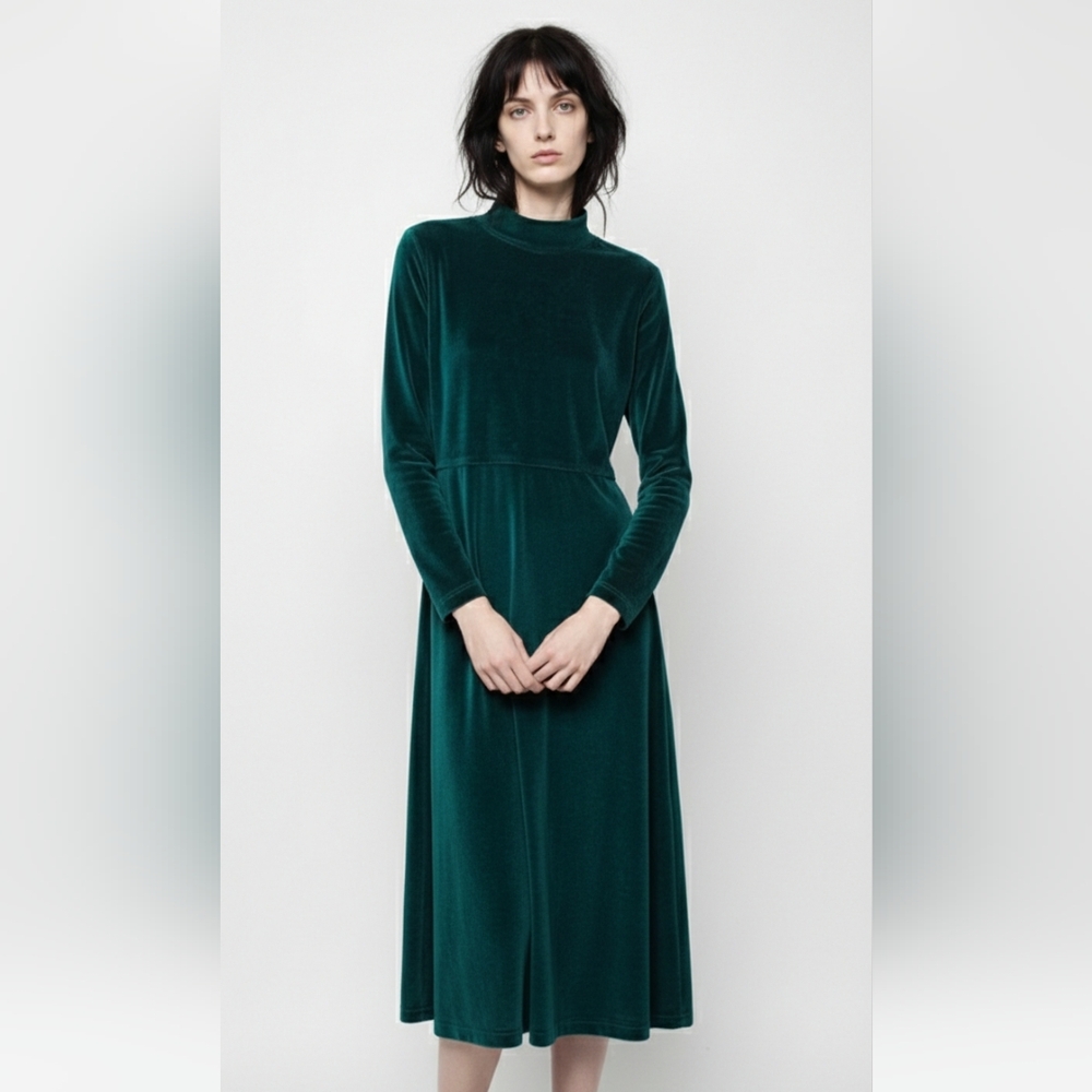 Vintage Erika Dress Maxi Velvet Green Mock Neck Goth Grunge Retro Minimalist M